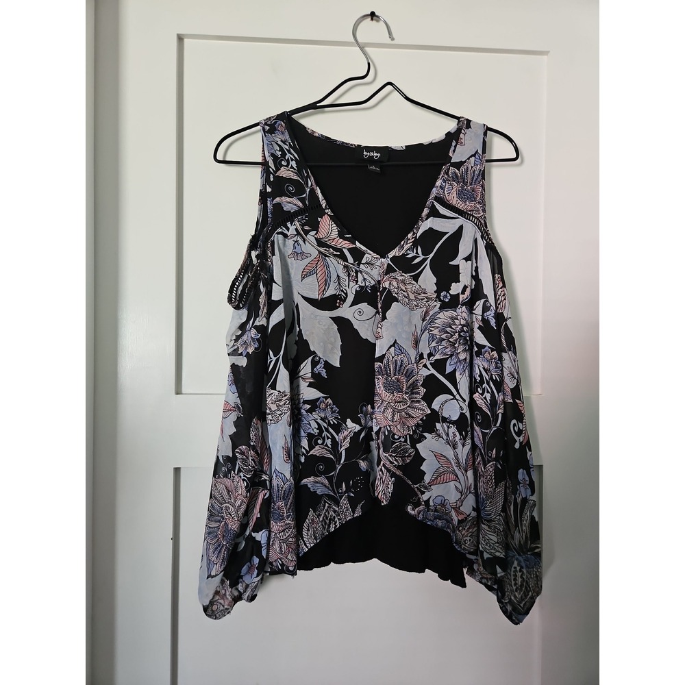 By & By Boho Floral Cold Shoulder Blouse with Sheer Overlay - Size Large